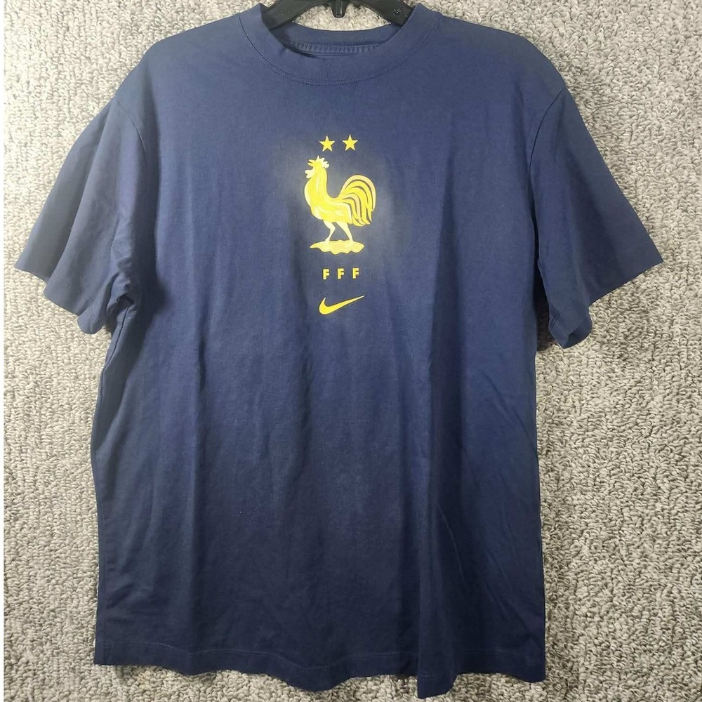 Nike T-Shirt Navy Blue France FFF Soccer Crest Graphic Mens Medium